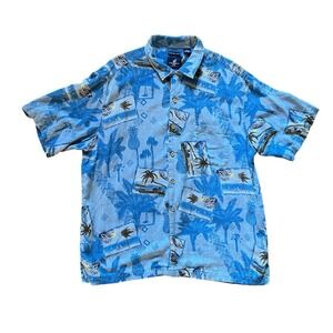 Caribbean Joe 100% Silk Camp Shirt Mens XXL Turquoise Multi Palm Fronds
